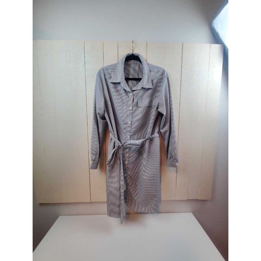 Womens Navy Pinstripe Shirt Dress Tie Waist Button Up Long Sleeve Office Size L - Picture 1 of 9